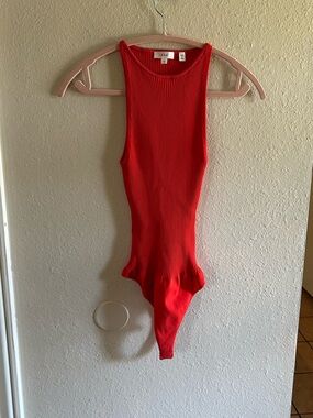 A.L.C. Ashley Bright Red Ribbed Sleeveless Bodysuit high scoop neck Medium